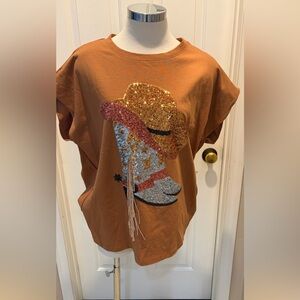 Sequin Cowboy Hat Graphic Tee - Orange